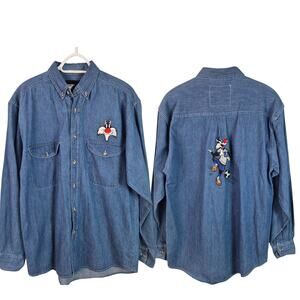Looney Tunes Sylvester the Cat Soccer Theme Vintage Embroidered Blue Shirt XL